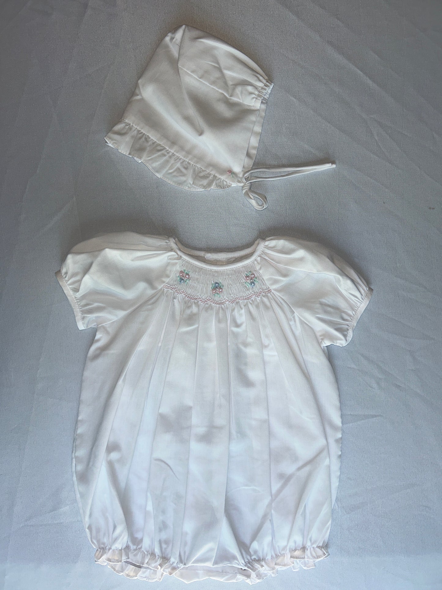 White Smocked Rosette Bubble + Bonnet Set