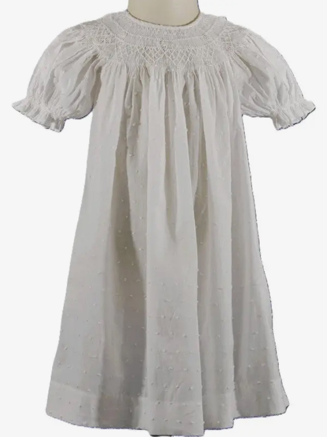 Hello Bebes White Swiss Smocked Bishop Dress with Pearls