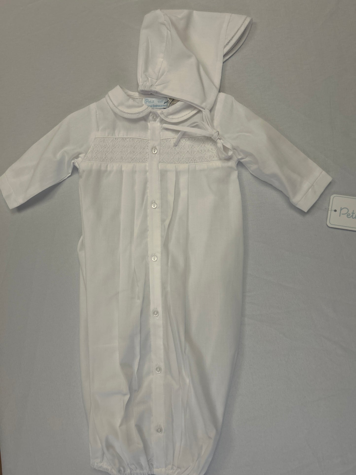 White Sack Gown + Bonnet Set