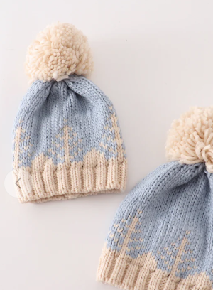 Blue and Cream Pom Pom Beanie