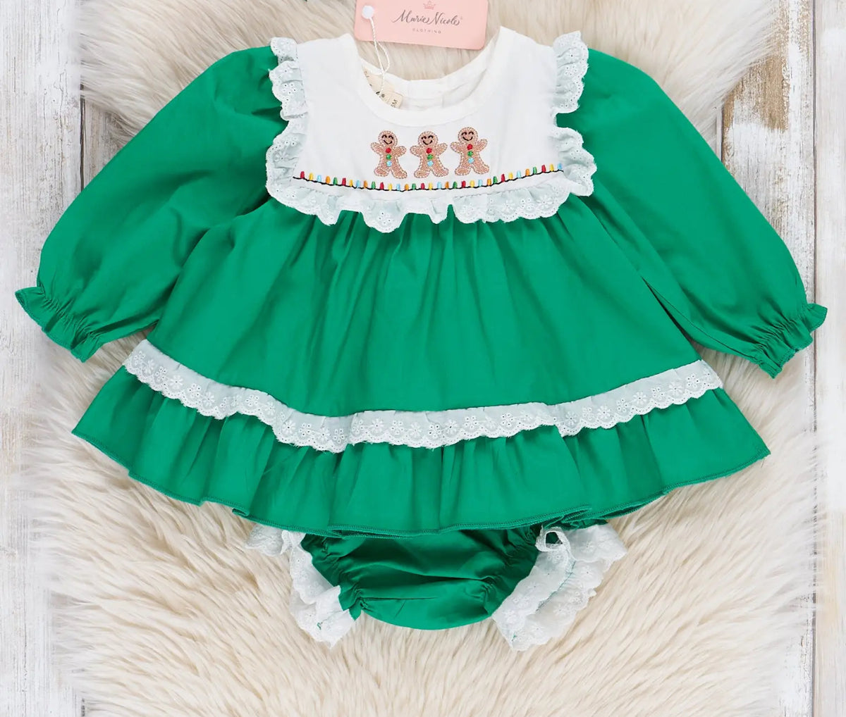 Marie Nicole Embroidered Gingerbread Friends Bloomer Outfit