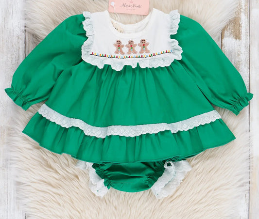Marie Nicole Embroidered Gingerbread Friends Bloomer Outfit