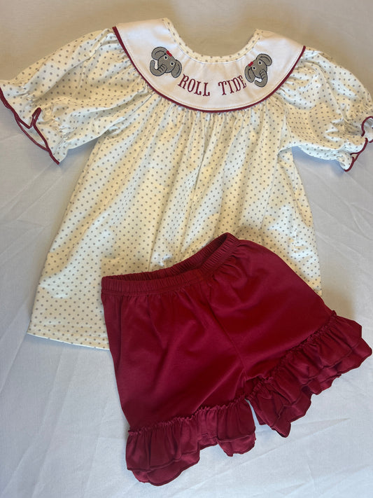 Girls Roll Tide Polka Dot Shirt + Ruffle Short Set