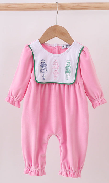 Abby & Evie Pink Nutcracker Embroidery Velvet Romper