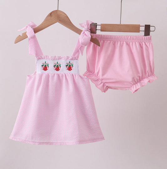 Abby & Evie Pink Seersucker Strawberry Smocked Bloomer Set