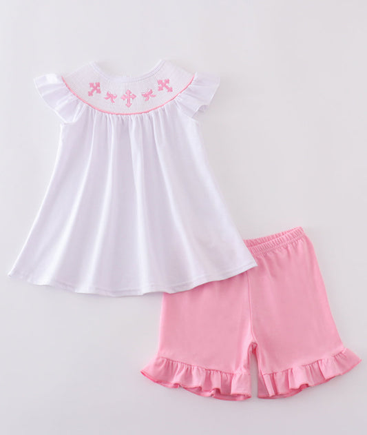 Abby & Evie Girls Pink Cross Smocked 2pc Short Set