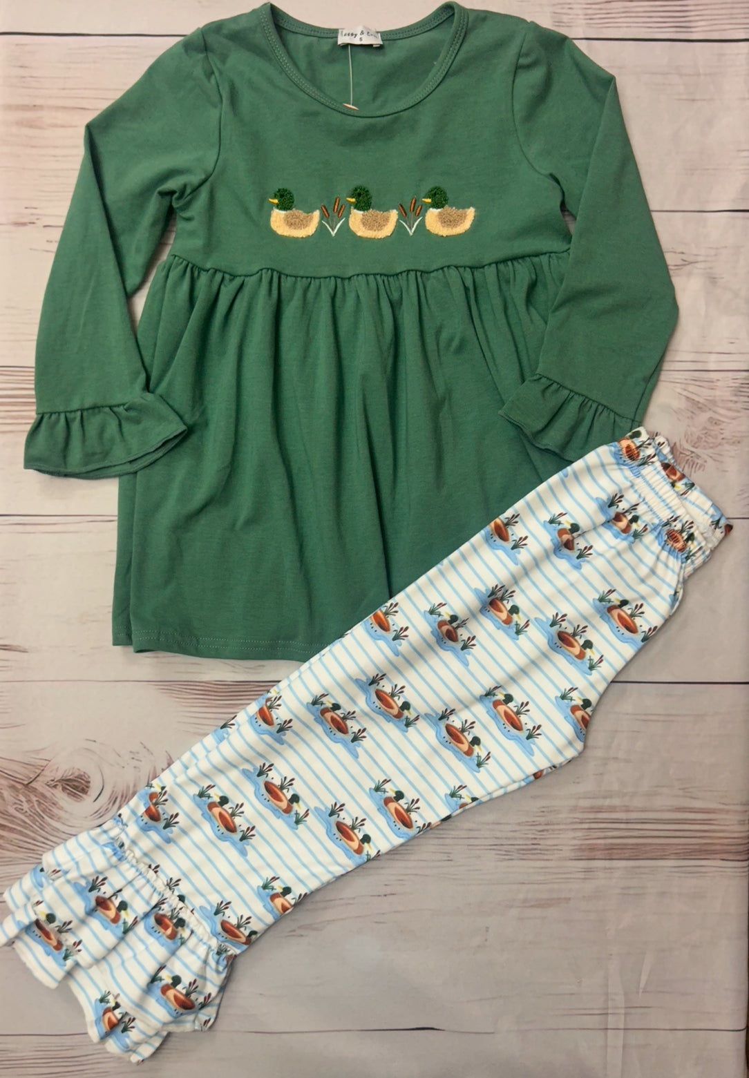 Abby & Evie. Girls Mallard Duck with printed ruffle pants