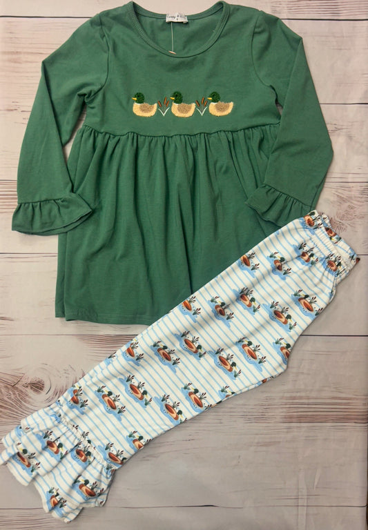 Abby & Evie. Girls Mallard Duck with printed ruffle pants