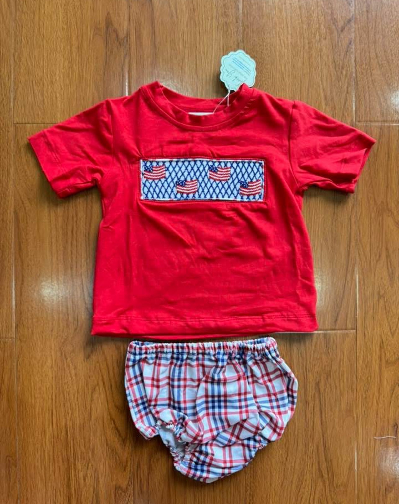 Ambabie Boys Patriotic Hand Smocked Flag Diaper set
