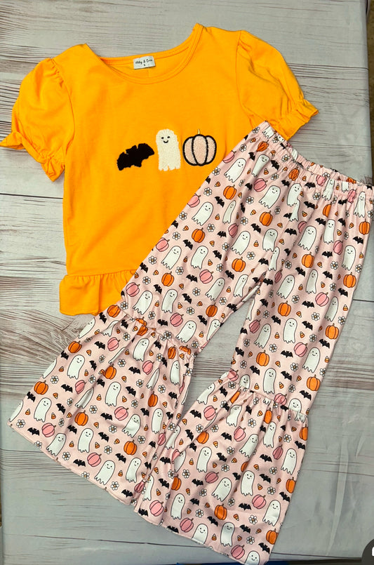 Abby & Evie Girls 2 Piece Bat/Ghost/Pumpkin ruffle pants and top set