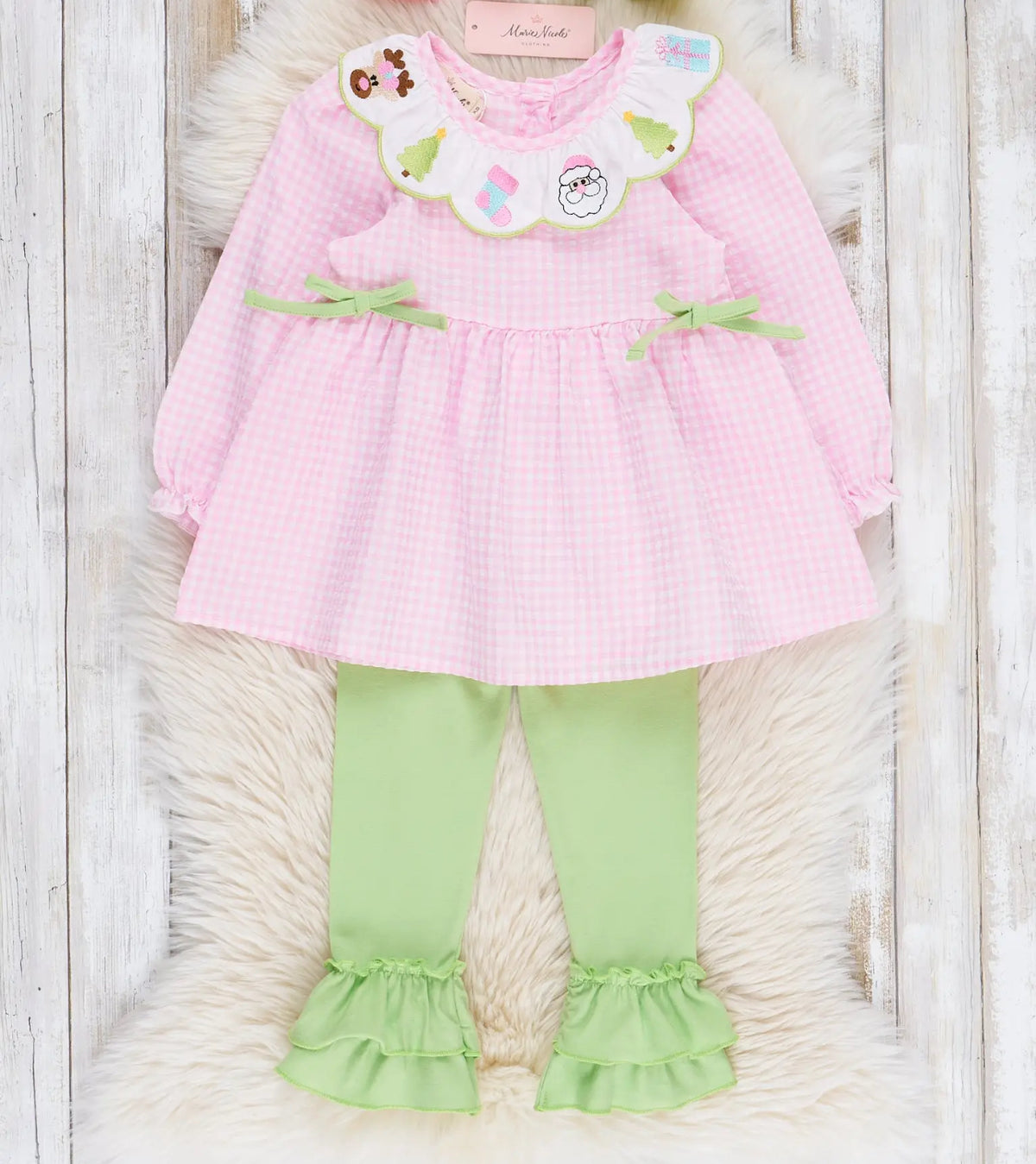 Marie Nicole Christmas Celebration Pink Gingham Embroidered 2pc Outfit
