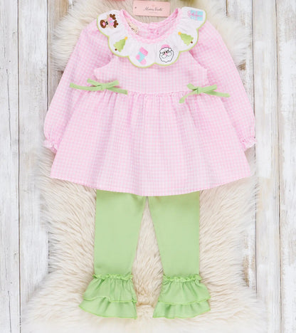 Marie Nicole Christmas Celebration Pink Gingham Embroidered 2pc Outfit