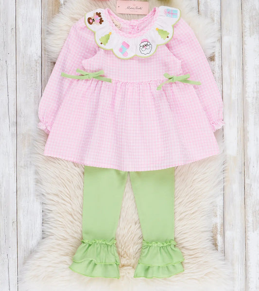 Marie Nicole Christmas Celebration Pink Gingham Embroidered 2pc Outfit