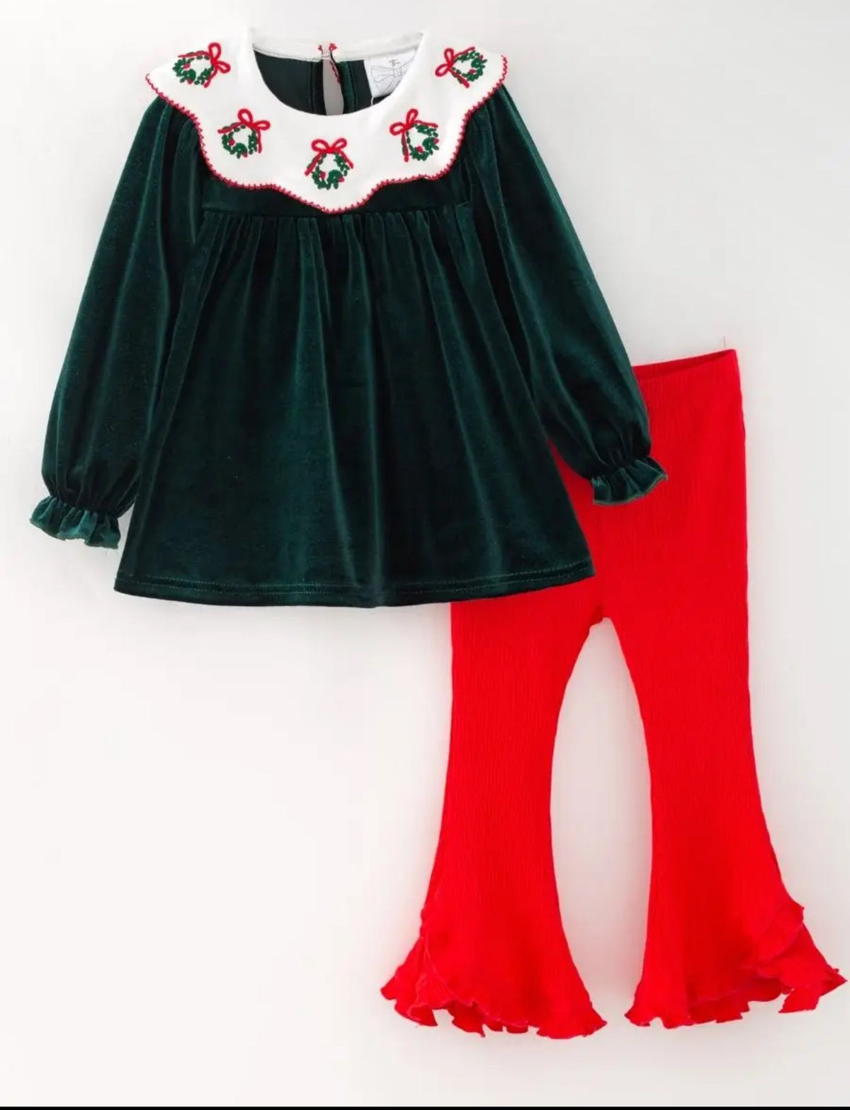The Bow Co Girls Green Velvet Wreath 2pc Pant Set