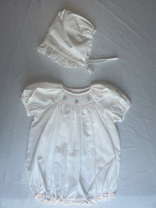 White Smocked Rosette Bubble + Bonnet Set