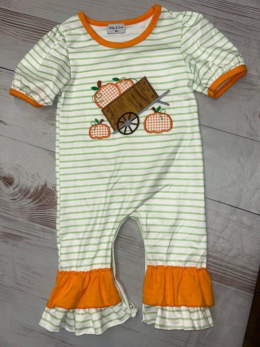 Abby & Evie Girls Pumpkin Barrel Striped Long Romper