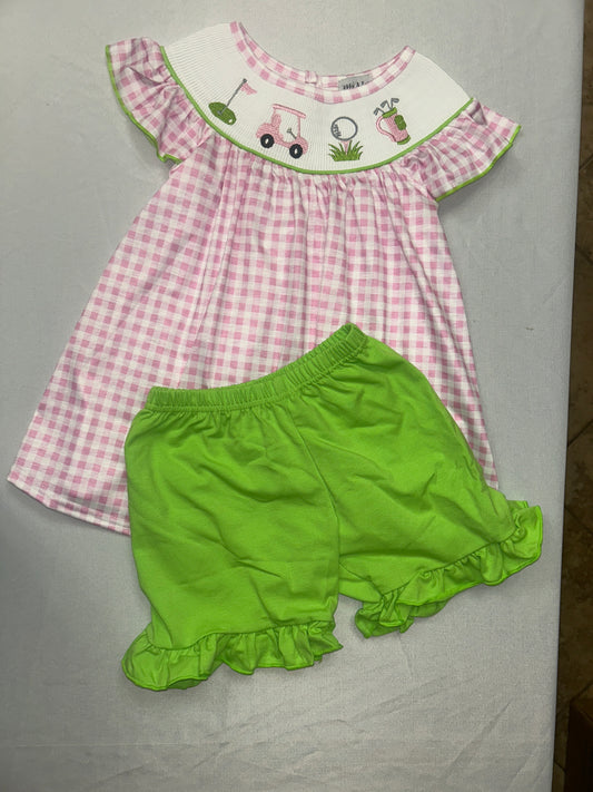 Pink Gingham And Lime Girls Golf 2 Piece Top + Short Set