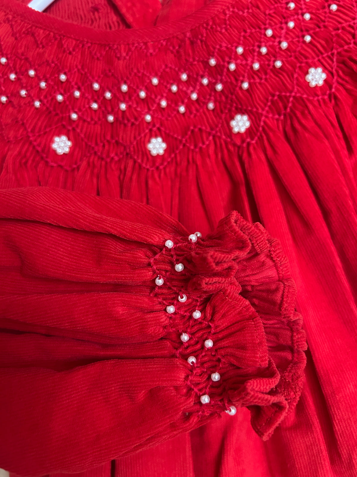 Mom & Me Red Smocked Pearl dress