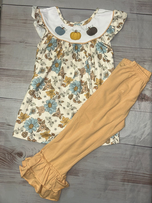 Abby & Evie Girls Stitched Pumpkin 2 piece with ruffle pants