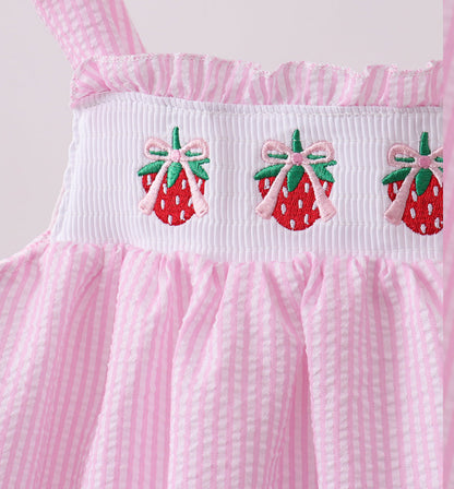 Abby & Evie Pink Seersucker Strawberry Smocked Dress