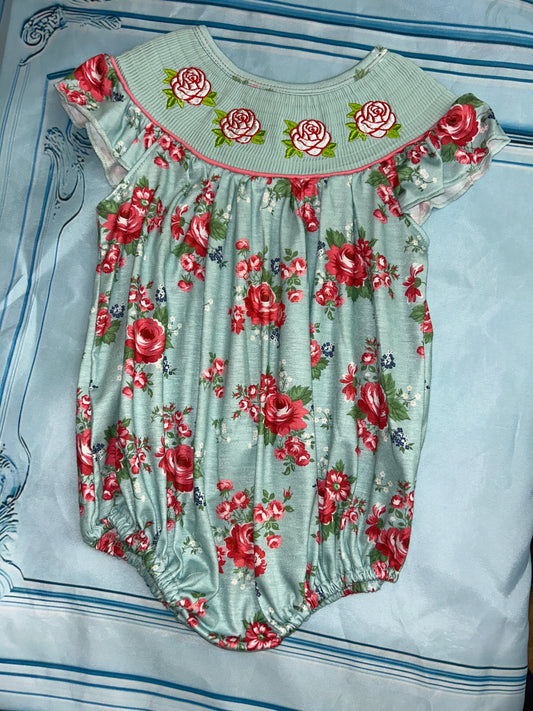 Girls Mint Floral Smocked Bubble