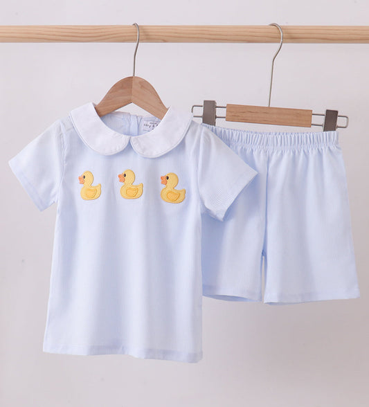 Blue Duck Embroidery Striped Shorts Set