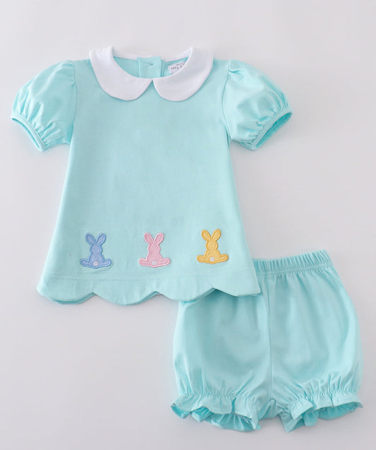 Abby & Evie Mint Bunny Appliqué Embroidery Girls 2-piece Outfit