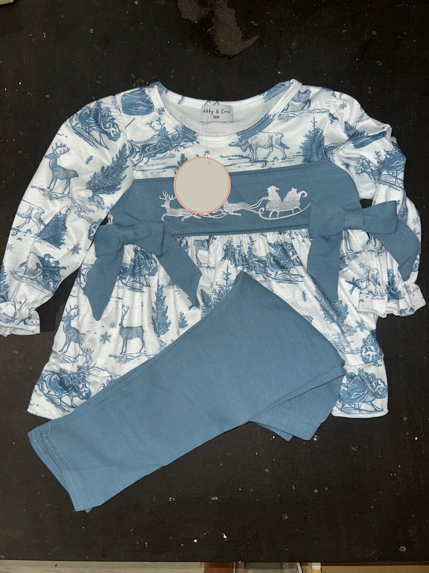 Abby & Evie Blue Christmas Reindeer Embroidery Top and Pant Set