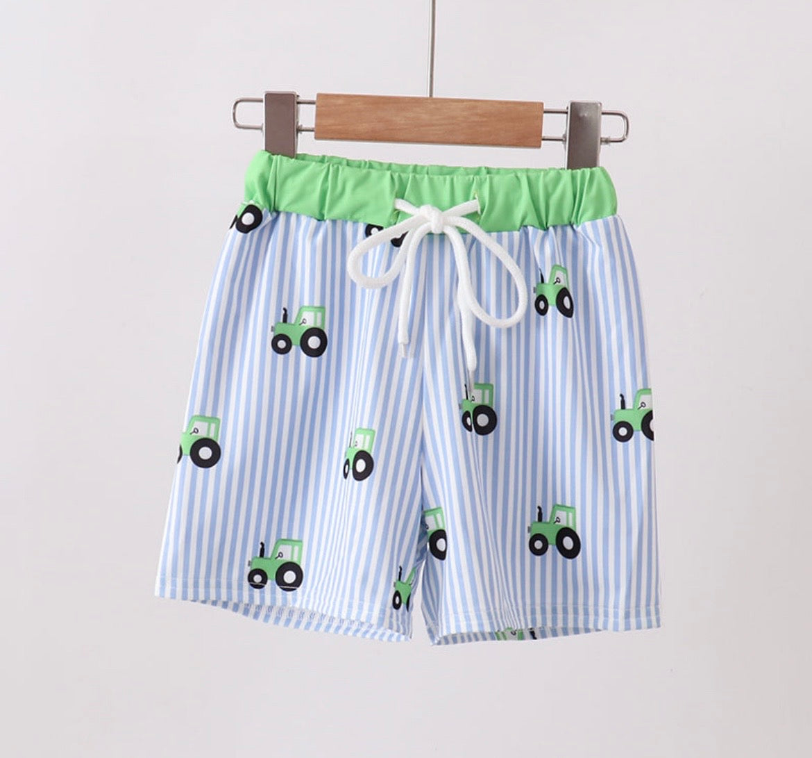 Abby & Evie Blue Tractor Stripe Swim Trunks