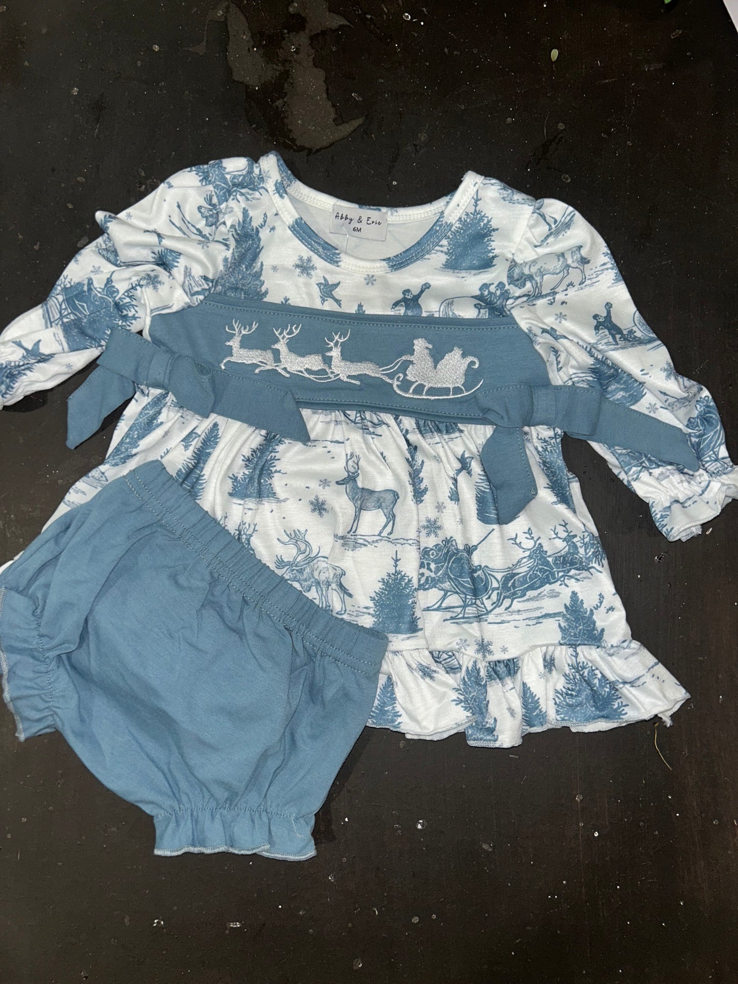 Abby & Evie Blue Christmas Reindeer Embroidery Bloomer Set