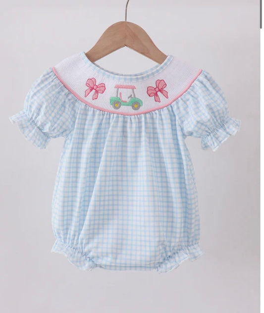 Girls Blue Golf Cart Smocked Bubble