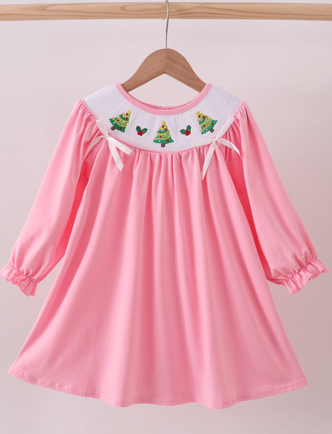 Abby & Evie Pink Christmas Tree Smocked Dress