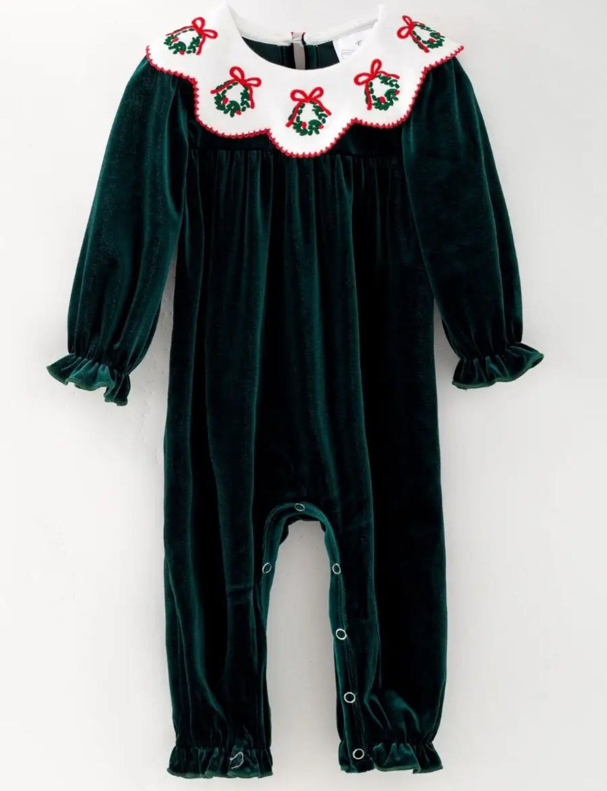 The Bow Co Girls Green Velvet Wreath Romper