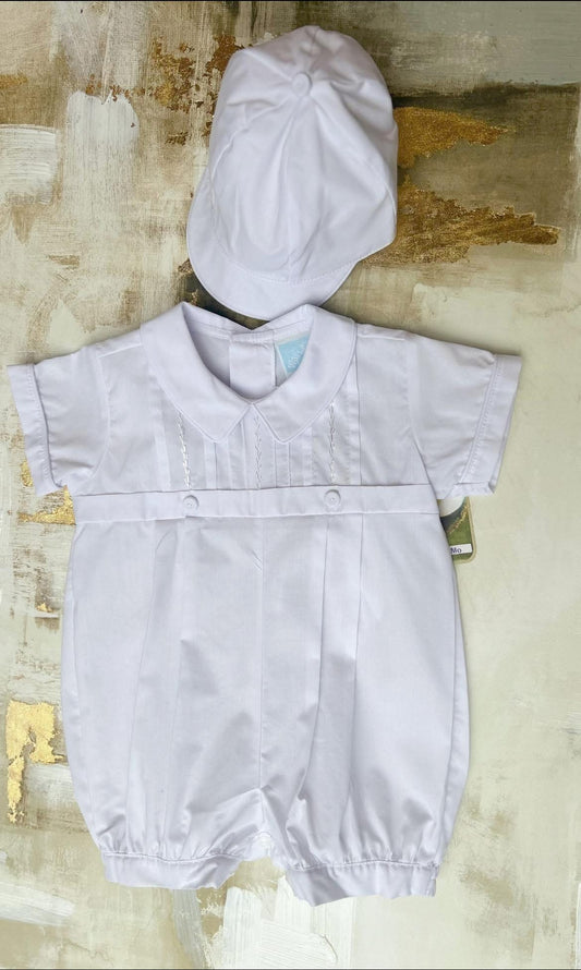 Boys White Romper and Hat Set