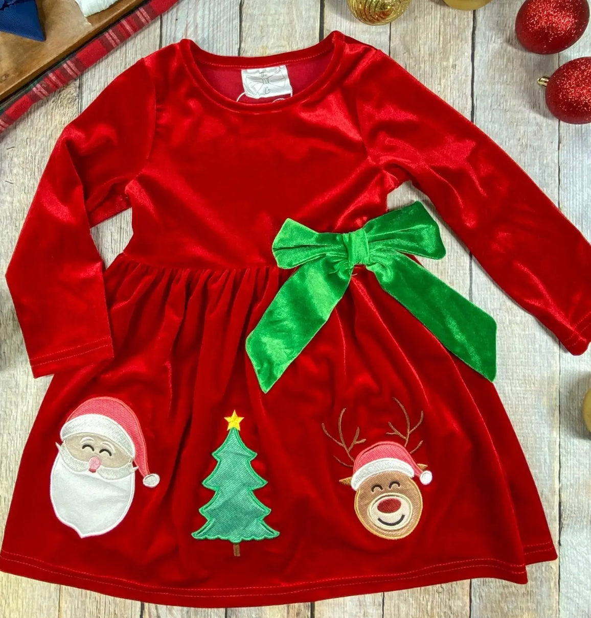 The Bow Co Red Velvet Santa, Tree, Reindeer Appliqué Dress