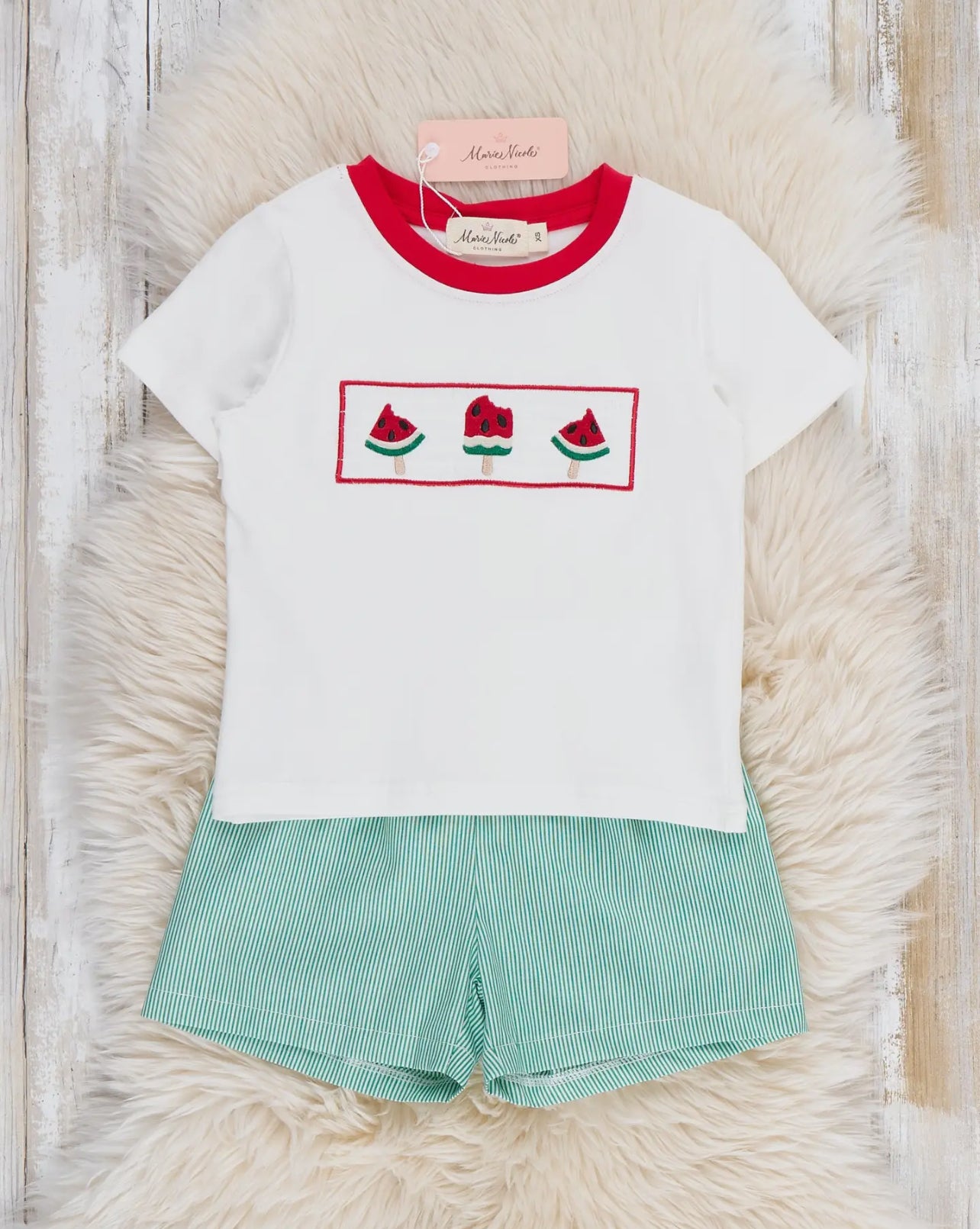 Marie Nicole Boys Watermelon Fun Embroidered 2pc Short Set