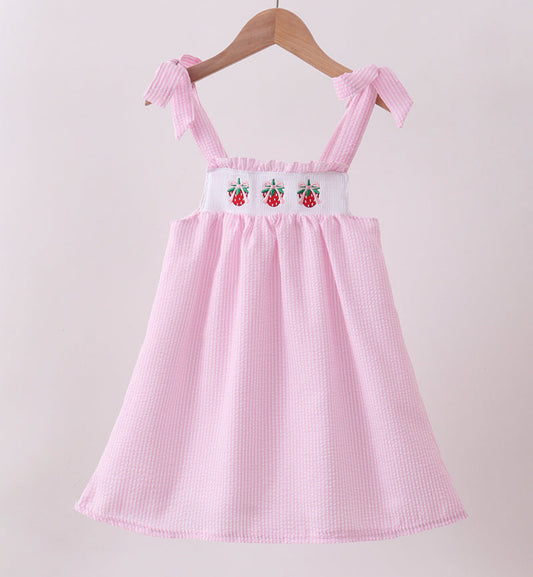 Abby & Evie Pink Seersucker Strawberry Smocked Dress