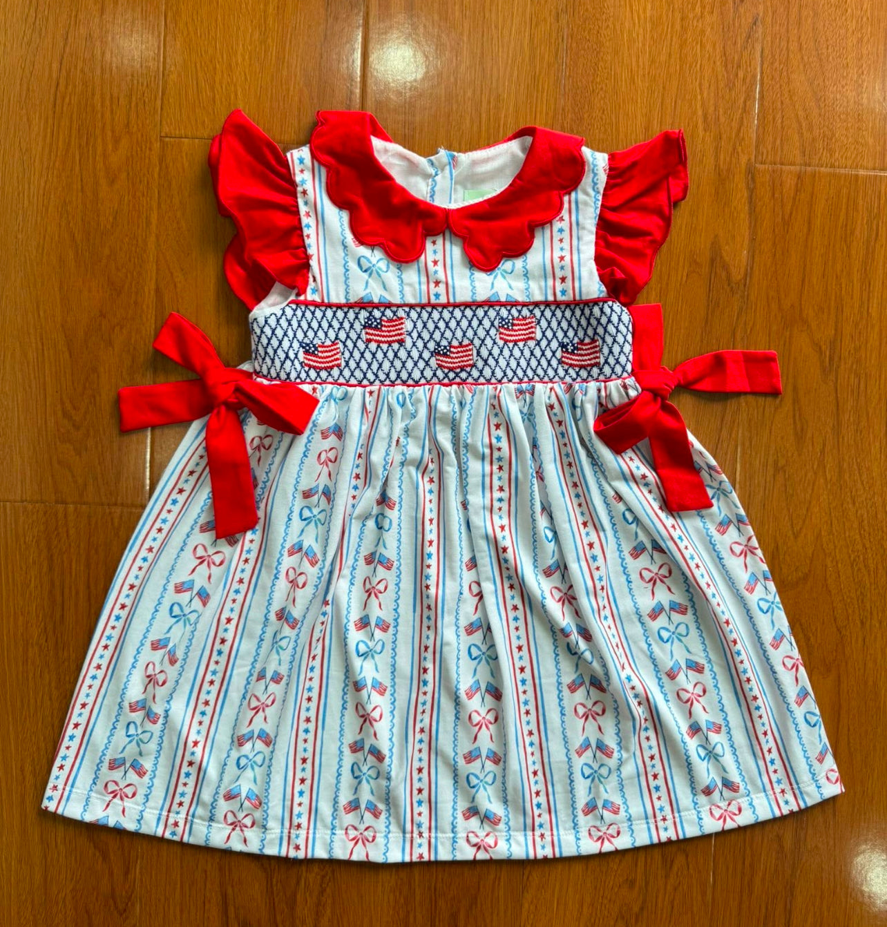 Ambabie Girls Hand Smocked Patriotic Flag Dress