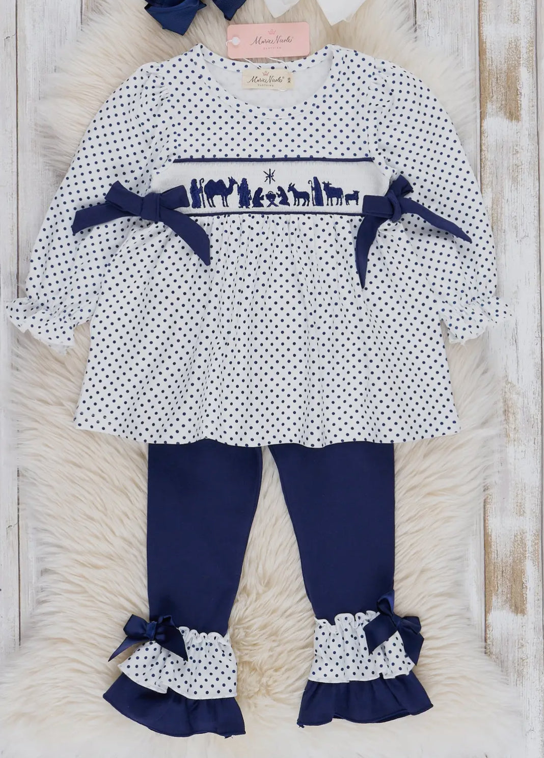 Marie Nicole Polla Dot Smocked Nativity 2pc pant set