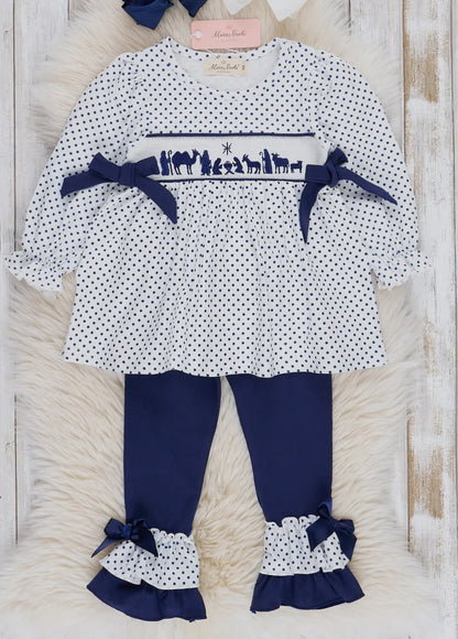 Marie Nicole Polla Dot Smocked Nativity 2pc pant set