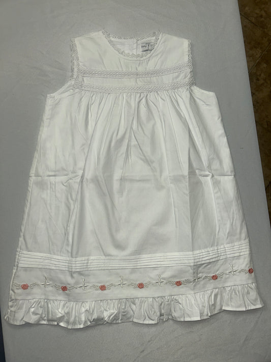 Summertime White Cotton Dress With Rosettes, Fully Lined