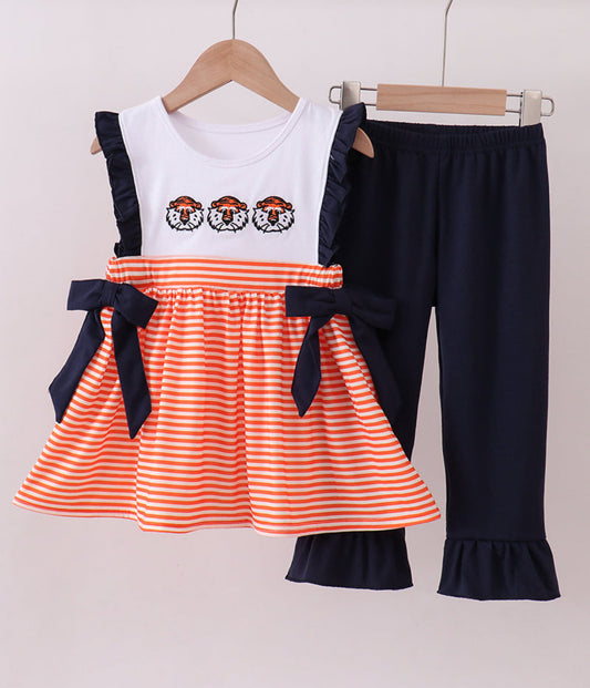 Aubie Embroidered Ruffle Striped Girls Pant Set