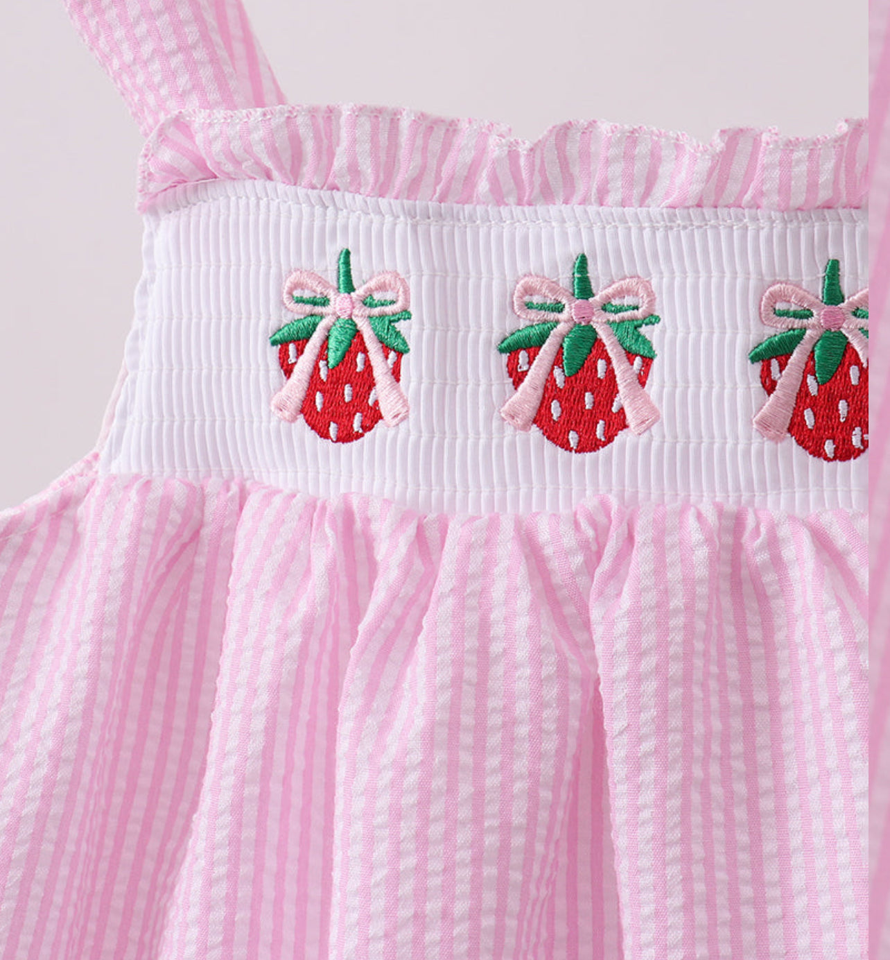 Abby & Evie Pink Seersucker Strawberry Smocked Bloomer Set