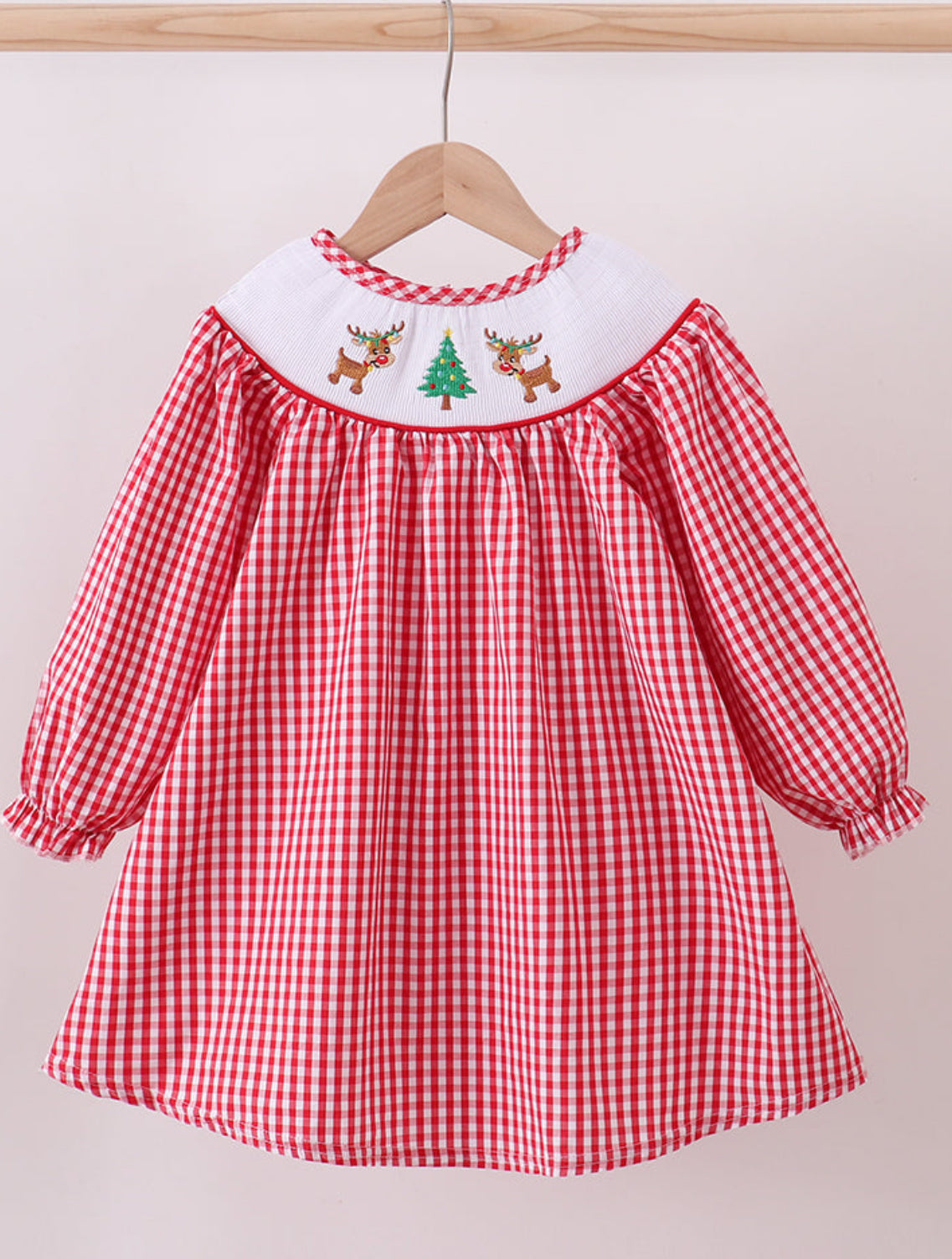 Abby & Evie Red Christmas Tree Reindeer Smocked Dress