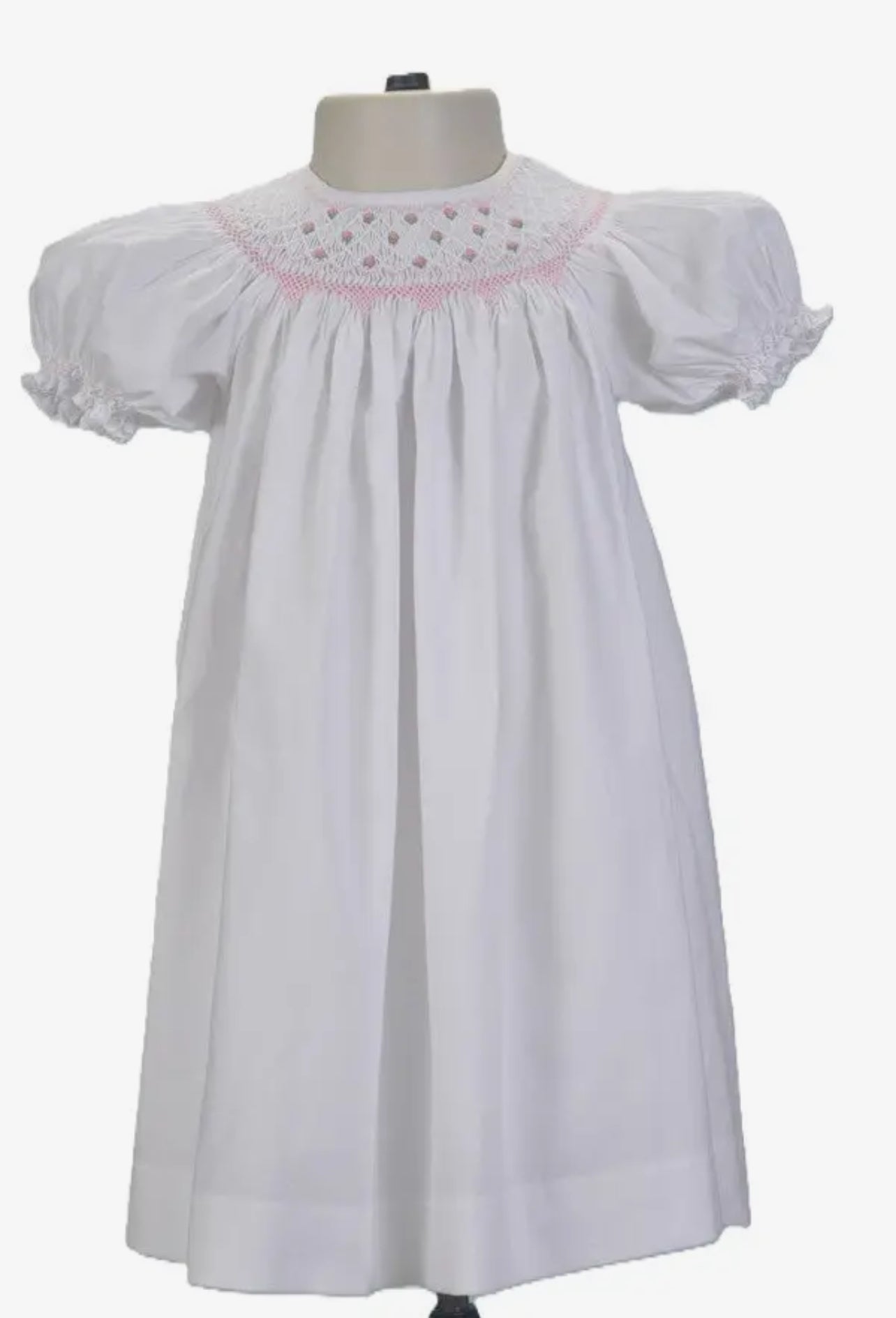 Hello Bebes White Geometric Smocked with Flowers Bishop Dress