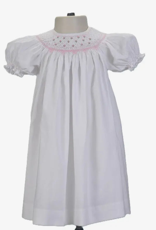 Hello Bebes White Geometric Smocked with Flowers Bishop Dress