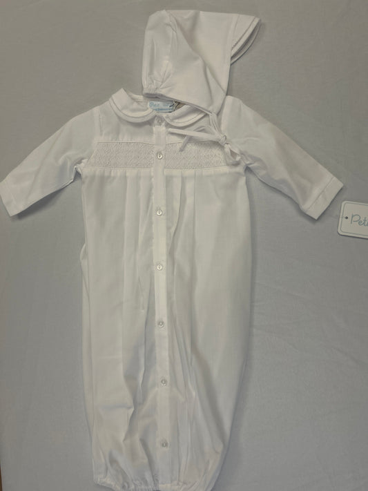 White Sack Gown + Bonnet Set