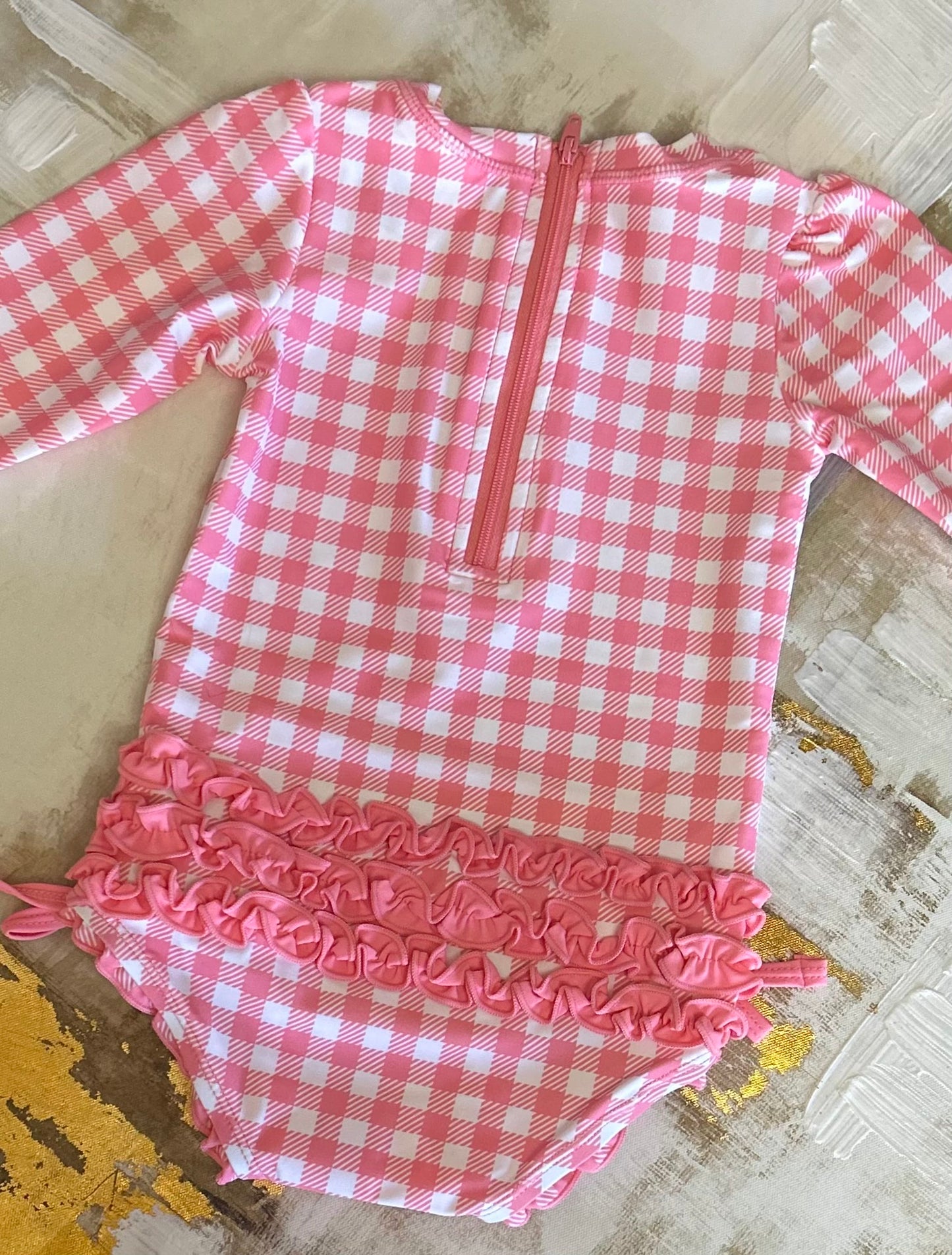 Rufflebutt Pink Gingham One Piece Rashguard