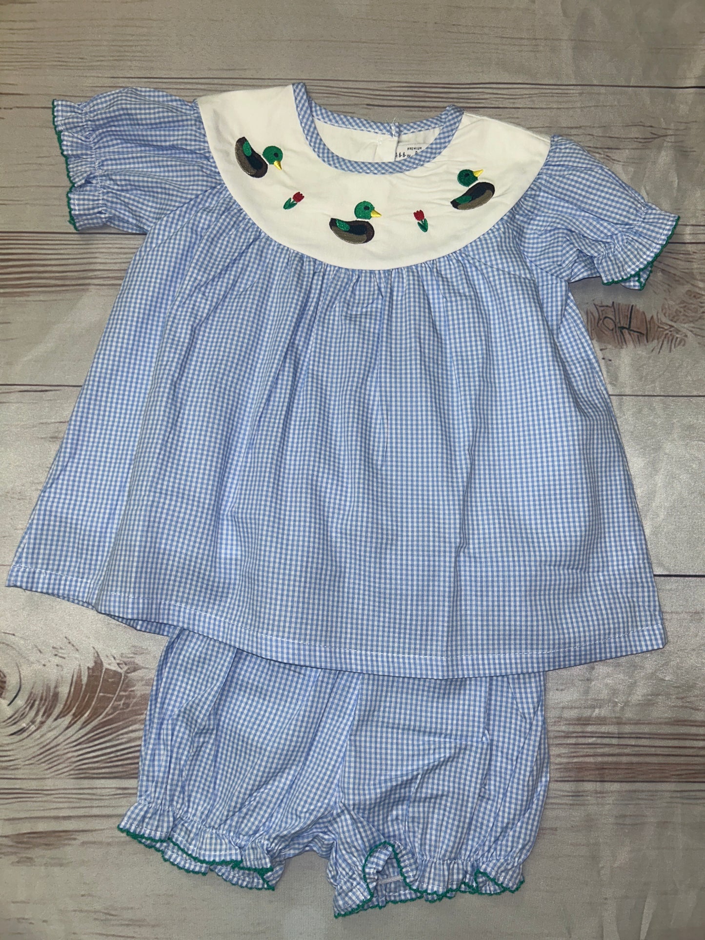 Abby & Evie Girls Mallard Duck 2 piece blue check outfit