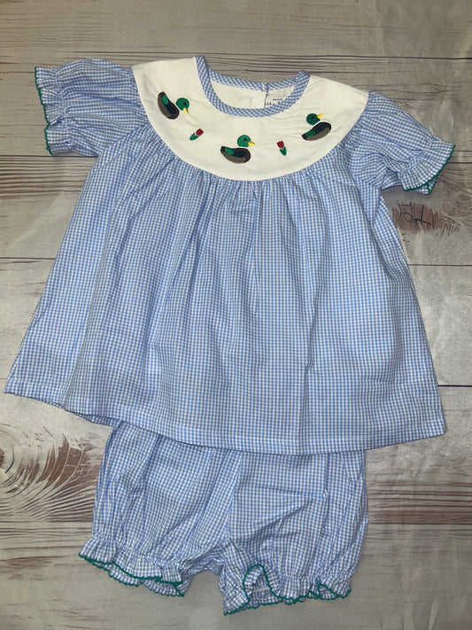 Abby & Evie Girls Mallard Duck 2 piece blue check outfit